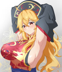 Rule 34 | 1girl, adapted costume, armpits, arms behind head, arms up, blonde hair, blush, breasts, commentary request, detached sleeves, gold trim, gradient background, grey background, highres, junko (touhou), large breasts, light smile, long hair, looking at viewer, naked tabard, red eyes, sideboob, simple background, solo, tabard, tasuku (tusktouhou4), touhou, very long hair, wavy hair