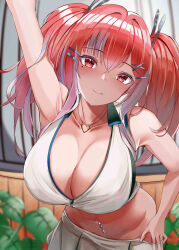 Rule 34 | 1girl, absurdres, arm up, azur lane, bare shoulders, blurry, blurry background, blush, breasts, bremerton (azur lane), bremerton (scorching-hot training) (azur lane), cleavage, closed mouth, clothes pull, collarbone, commentary request, cowboy shot, crop top, crop top overhang, grey hair, hair between eyes, hair intakes, hair ornament, heart, heart necklace, highres, jewelry, kanesada dp, large breasts, long hair, looking at viewer, mole, mole under eye, multicolored hair, navel, navel piercing, necklace, official alternate costume, partial commentary, piercing, pink eyes, pink hair, shirt, sidelocks, skirt, skirt pull, sleeveless, sleeveless shirt, smile, solo, sportswear, standing, stomach, streaked hair, tennis uniform, twintails, two-tone hair, two-tone shirt, two-tone skirt, white shirt, white skirt, x hair ornament