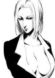 Rule 34 | 1girl, breasts, cleavage, female focus, formal, hunter x hunter, monochrome, pakunoda, portrait, solo, suit, white background