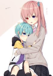 Rule 34 | 1boy, 1girl, age difference, blue hair, child, comforting, heterochromia, japanese text, nei (os), on lap, one side up, onee-shota, open mouth, original, os (os fresa), pink hair, pointy ears, purple eyes, red eyes, shorts, souta (os), translated, twitter username