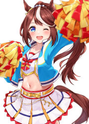Rule 34 | 1girl, ;d, absurdres, animal ears, arm up, belt, blue eyes, blue jacket, blush, bow, breasts, brown hair, cheerleader, collarbone, commentary, cosplay, cowboy shot, crop top, cropped jacket, ear ribbon, hair flaps, high ponytail, highres, holding, holding pom poms, horse ears, horse girl, horse tail, jacket, layered skirt, long hair, looking at viewer, midriff, multicolored hair, navel, nice nature (run&amp;win) (umamusume), nice nature (umamusume), nice nature (umamusume) (cosplay), one eye closed, open clothes, open jacket, open mouth, pom pom (cheerleading), pom poms, ponytail, shirt, sidelocks, simple background, skirt, small breasts, smile, solo, standing, streaked hair, tail, teeth, tokai teio (umamusume), two-tone hair, umamusume, upper teeth only, white background, white hair, white shirt, white skirt, yellow belt, yoshinon (yoshinon kotori)