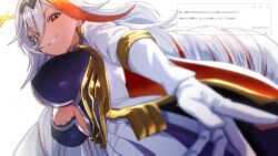 1girl ahonoko baldr_(fire_emblem) breasts cape cleavage covered_erect_nipples dress earrings fire_emblem fire_emblem_heroes gloves grin highres jewelry large_breasts looking_at_viewer nintendo orange_cape orange_eyes reaching reaching_towards_viewer smile solo two-tone_cape white_cape white_dress white_gloves white_hair