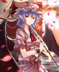 Rule 34 | 1girl, absurdres, arch, ascot, bat wings, blouse, blue hair, blurry, blurry background, blurry foreground, brooch, depth of field, expressionless, fang, fang out, hat, hat ribbon, head tilt, highres, hizagawa rau, holding, holding umbrella, jewelry, looking at viewer, mob cap, outdoors, petals, pink hat, pink shirt, pink skirt, pointy ears, red ascot, red eyes, remilia scarlet, ribbon, scarlet devil mansion, shirt, short hair, skirt, skirt set, solo, touhou, umbrella, upper body, water, wings, wrist cuffs