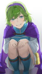 Rule 34 | 1girl, blue eyes, cape, e5nf8v, feet out of frame, fire emblem, fire emblem: the blazing blade, foreshortening, green hair, grin, hairband, highres, knees up, long sleeves, looking at viewer, nino (fire emblem), nintendo, purple cape, purple hairband, shirt, short hair, simple background, sitting, skirt, smile, solo, white background, white skirt