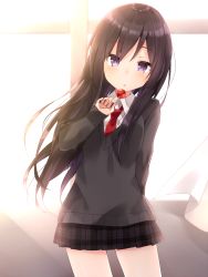 Rule 34 | 1girl, arm behind back, backlighting, black hair, black skirt, blush, candy, collared shirt, commentary, cowboy shot, curtains, floating hair, food, hair between eyes, highres, holding, indoors, komomo (ptkrx), light rays, lollipop, long hair, looking at viewer, necktie, original, parted lips, plaid, plaid skirt, pleated skirt, purple eyes, red necktie, school uniform, shirt, skirt, sleeves past wrists, solo, sweater, thighs, white shirt