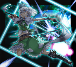 Rule 34 | 1girl, belt, boots, cross-laced footwear, dual wielding, female focus, frown, full body, ghost, gradient background, hairband, hitodama, holding, katana, konpaku youmu, konpaku youmu (ghost), lace-up boots, midriff, navel, plant, short hair, silver hair, skirt, solo, sword, tanto, touhou, weapon, yuuzii