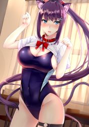 Rule 34 | 1girl, animal ears, blue eyes, blush, bow, breasts, cat ears, cat girl, cat tail, chair, classroom, collar, commentary, covered navel, curtains, desk, fang, hair ornament, hands up, highleg, highleg swimsuit, highres, indoors, kaerunoashi, large breasts, lips, long hair, looking at viewer, open mouth, original, parted lips, paw pose, ponytail, purple hair, school desk, shiny skin, short sleeves, solo, swimsuit, tail, thigh strap, thighs, x hair ornament
