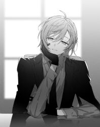 Rule 34 | 1boy, buttoned cuffs, buttons, chair, collared shirt, fo u0, gloves, greyscale, hair between eyes, head rest, head tilt, highres, jacket, jacket on shoulders, kanae (nijisanji), long sleeves, looking at viewer, male focus, medium hair, mole, mole under eye, monochrome, necktie, nijisanji, official alternate costume, parted lips, shirt, smile, solo, table, upper body, vest, virtual youtuber, window