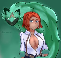 Rule 34 | 1girl, 1other, animal, artist name, belt, black pants, blue eyes, breasts, buttons, cleavage, closed mouth, collarbone, collared shirt, dark-skinned female, dark skin, eyelashes, female focus, giovanna (guilty gear), green background, green fur, guilty gear, guilty gear strive, highres, large breasts, lips, looking at viewer, looking to the side, no bra, nose, pants, parted bangs, partially unbuttoned, red hair, rei (guilty gear), shirt, short hair, simple background, standing, suspenders, theartistaurora, twitter username, upper body, white shirt, wing collar, wolf
