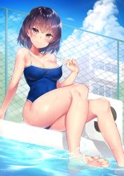 Rule 34 | 1girl, absurdres, arm support, armpit crease, bare arms, bare legs, bare shoulders, barefoot, black hair, blue one-piece swimsuit, blue sky, blush, breasts, building, chain-link fence, cleavage, closed mouth, cloud, cloudy sky, collarbone, day, dutch angle, feet, fence, hand up, highres, index finger raised, large breasts, looking at viewer, one-piece swimsuit, original, outdoors, pool, red eyes, school, short hair, sitting, sky, smile, soaking feet, soles, solo, spaghetti strap, strap pull, swimsuit, thighs, toes, usa b, water, wet