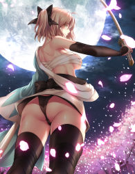 Rule 34 | 1girl, ass, bandages, bare shoulders, black bow, black panties, black thighhighs, blonde hair, bow, breasts, budget sarashi, cherry blossoms, fate (series), from behind, from below, full moon, hair bow, half updo, hatori mia, highres, holding, holding sword, holding weapon, japanese clothes, katana, kimono, koha-ace, long sleeves, medium breasts, moon, night, night sky, okita souji (fate), okita souji (koha-ace), open clothes, open kimono, outdoors, panties, petals, ponytail, sarashi, sheath, shinsengumi, short hair, short kimono, short ponytail, shoulder blades, sky, solo, standing, sword, thighhighs, thighs, tree, underboob, underwear, unsheathed, weapon, wide sleeves, yellow eyes