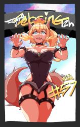 Rule 34 | 1girl, absurdres, armlet, black border, black leotard, black nails, blue eyes, border, bowsette, bracelet, breasts, choker, claw pose, cloud, commentary, english commentary, english text, fire, funkygarage, garter straps, highres, horns, imsa sportscar championship, jewelry, leotard, mario (series), medium breasts, new super mario bros. u deluxe, nintendo, sebring international raceway, sky, smile, solo, spiked bracelet, spiked choker, spiked tail, spikes, super crown, tail, thigh strap