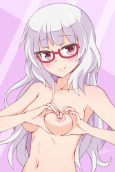 Rule 34 | 1girl, blush, colored skin, female focus, glasses, grey hair, hand gesture, hazuki shizuku, heart, heart-shaped boob challenge, heart hands, highres, long hair, looking at viewer, new game!, nipples, nude, simple background, smile, solo, topless frame, upper body, vanna, white hair, white skin
