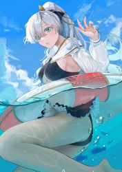 Rule 34 | 1girl, afloat, air bubble, anastasia (fate), anastasia (swimsuit archer) (fate), anastasia (swimsuit archer) (third ascension) (fate), aqua eyes, ass, bare legs, barefoot, black bow, black one-piece swimsuit, blue sky, bow, breasts, bubble, casual one-piece swimsuit, day, fate/grand order, fate (series), feet out of frame, hair bow, hair ornament, hair over one eye, highres, lifebuoy, long hair, long sleeves, looking at viewer, medium breasts, off shoulder, one-piece swimsuit, outdoors, parted lips, partially submerged, ponytail, sakatsuki yakumo, silver hair, sky, solo, star (symbol), star hair ornament, swim ring, swimsuit, swimsuit skirt, water