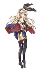 Rule 34 | 10s, 1girl, adapted costume, ass, back, bare shoulders, black gloves, black panties, black thighhighs, blonde hair, blue cape, blue eyes, blue skirt, blush, cape, elbow gloves, frown, gloves, hair ornament, kantai collection, long hair, looking back, multicolored cape, multicolored clothes, panties, red cape, ruisento, school uniform, serafuku, shimakaze (kancolle), simple background, skirt, solo, thighhighs, torn cape, torn clothes, torn thighhighs, two-sided cape, two-sided fabric, underwear, white background, wind, wind lift
