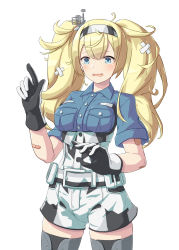 Rule 34 | 1girl, absurdres, abyssal ship, arthur ko, bandages, bandaid, bandaid on arm, belt, blonde hair, blue eyes, blue shirt, blush, breast pocket, buttons, cowboy shot, flying sweatdrops, gambier bay (kancolle), gloves, highres, kantai collection, long hair, multicolored clothes, multicolored gloves, open mouth, photoshop (medium), pocket, shirt, short sleeves, shorts, twintails