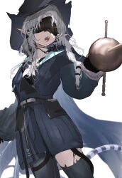 Rule 34 | 1girl, absurdres, arknights, black gloves, blue coat, braid, cape, coat, cowboy shot, fangs, fighting stance, gloves, grey hair, hat, head-mounted display, headset, highres, holding, holding sword, holding weapon, long sleeves, material growth, mebe (teadia violet), medium hair, mole, mole under mouth, open mouth, oripathy lesion (arknights), pointy ears, pouch, rapier, simple background, single braid, single leg pantyhose, single thighhigh, snake tail, solo, standing, sword, tail, thighhighs, tulip (arknights), weapon, white background