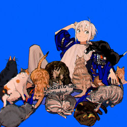 Rule 34 | 1girl, ahoge, androgynous, arm up, baggy clothes, baggy pants, barefoot, black nails, blue background, cat, chiaki ore, ear piercing, grey eyes, looking away, nail polish, original, pants, piercing, short hair, sweatdrop, tomboy, too many, too many cats, white hair