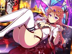 Rule 34 | 1girl, ashiya (senran kagura), blush, breasts, candle, cape, chain, cleavage, couch, feather hair ornament, feathers, fingerless gloves, fire, gem, gloves, gold, gold trim, hair ornament, heart, heart print, high side ponytail, highres, indoors, jewelry, large breasts, lens flare, lens flare abuse, light particles, long hair, looking at viewer, lying, navel, official alternate costume, official art, on back, on couch, open mouth, panties, pillow, pointing, pointing at viewer, purple curtains, purple eyes, purple gemstone, red cape, red hair, school emblem, senran kagura, senran kagura new link, senran kagura new wave, shuriken print, side ponytail, smile, solo, sparkle, stained glass, thighhighs, underwear, white gloves, white panties, white thighhighs, yaegashi nan