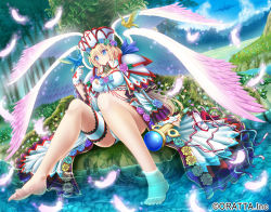 Rule 34 | 1girl, angel wings, armor, bare legs, barefoot, bird, bird on hand, blonde hair, blue bow, blue eyes, bow, bowtie, braid, breasts, chloris garden, cleavage, copyright name, cross, dress, dutch angle, fantasy, feathers, feet, fingerless gloves, flower, forest, full body, gloves, grass, hair bow, hat, hijikawa arashi, knees up, lake, large breasts, long hair, long sleeves, nature, official art, original, panties, pantyshot, partially submerged, pauldrons, red cross, river, rose, shoes, unworn shoes, shoulder armor, side braid, single braid, sitting, smile, soaking feet, solo, staff, thigh strap, toes, underwear, water, white dress, white feathers, white gloves, white panties, white wings, wide sleeves, wings