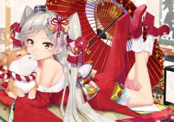 Rule 34 | 1girl, alternate costume, amatsukaze (kancolle), animal, bare legs, bare shoulders, black nails, blush, breasts, brown eyes, cleavage, commentary request, dog, dress, eyebrows, feet up, flower, hair flower, hair ornament, hair ribbon, hair tubes, heart, high heels, japanese clothes, kantai collection, kanzashi, kimono, legs up, long hair, looking at viewer, lying, medium breasts, nail polish, nezumidoshi, oil-paper umbrella, on stomach, open mouth, red kimono, ribbon, silver hair, smile, socks, solo, strapless, strapless dress, tsumami kanzashi, twintails, two side up, umbrella