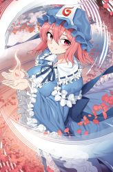 Rule 34 | 1girl, absurdres, blue hat, blue kimono, blush, breasts, center frills, closed mouth, frilled sleeves, frills, goback, hair between eyes, hat, highres, japanese clothes, kimono, large breasts, long sleeves, mob cap, petals, pink eyes, pink hair, saigyouji yuyuko, short hair, smile, solo, touhou, triangular headpiece, wide sleeves