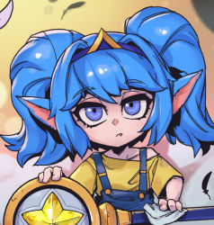 Rule 34 | 1girl, blue hair, blue hairband, brown shirt, cleaning, fang, feathers, gradient background, hairband, holding, holding staff, league of legends, long hair, overalls, phantom ix row, pointy ears, poppy (league of legends), shirt, solo, staff, star guardian (league of legends), star guardian poppy, twintails, upper body, yordle
