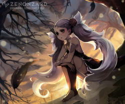 Rule 34 | 1girl, bare shoulders, bare tree, barefoot, black dress, black eyes, black legwear, company name, copyright name, dress, eye socket, grey hair, hair ornament, highres, leaf, hugging own legs, long hair, needle, official art, outdoors, pincushion, rinneroll, safety pin, single eye, sitting, stitches, tree, twilight, twintails, very long hair, zenonzard, zombie