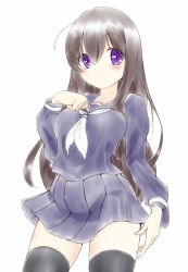 Rule 34 | 1girl, black thighhighs, blush, breasts, clenched hand, cowboy shot, expressionless, grey hair, hair between eyes, hand on own chest, josephine (twin tail rabbit), long hair, long sleeves, looking away, neckerchief, original, purple eyes, school uniform, serafuku, simple background, sketch, skirt, solo, standing, tareme, thighhighs, white background, zettai ryouiki