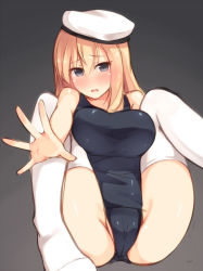 Rule 34 | 10s, 1girl, bismarck (kancolle), blonde hair, blue eyes, blush, breasts, cameltoe, cosplay, hat, highres, i-8 (kancolle), i-8 (kancolle) (cosplay), kantai collection, large breasts, long hair, looking at viewer, one-piece swimsuit, school swimsuit, shuuichi, solo, swimsuit, thighhighs