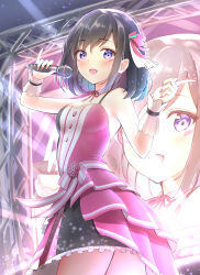 Rule 34 | 1girl, absurdres, azki (3rd costume) (hololive), azki (hololive), black hair, blush, breasts, cowboy shot, detached collar, dress, hair ribbon, highres, holding, holding microphone, hololive, idol, index finger raised, kon (07263545), looking at viewer, microphone, nail polish, neck ribbon, official alternate costume, open mouth, pinky out, purple eyes, ribbon, sash, short hair, sleeveless, sleeveless dress, small breasts, smile, solo, stage, stage lights, virtual youtuber, wrist cuffs