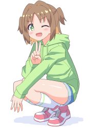 Rule 34 | + +, 1girl, blush, dot nose, fang, female focus, green eyes, green hoodie, highres, hood, hoodie, legs, looking at viewer, medium hair, multicolored hair, oka asahi, one-piece swimsuit, onii-chan wa oshimai!, open mouth, shoes, shorts, simple background, socks, solo, squatting, swimsuit, tknknym, v, white background