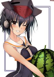 Rule 34 | 1girl, ass, asymmetrical hair, bare shoulders, black hair, blush, breasts, brown eyes, collarbone, commentary, food, framed breasts, fruit, grin, hair between eyes, hat, headphones, highres, holding, holding food, holding fruit, i-14 (kancolle), kantai collection, looking at viewer, medium breasts, neckerchief, one-piece swimsuit, one eye closed, sailor collar, sazamiso rx, school swimsuit, short hair, sidelocks, signature, smile, solo, swimsuit, upper body, watermelon