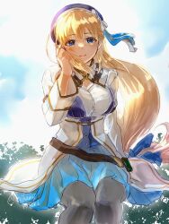 Rule 34 | 1girl, agnes claudel, blonde hair, blue eyes, eiyuu densetsu, hat, highres, kuro no kiseki, long hair, looking at viewer, low ponytail, mikamikiseki, sitting, smile, solo, twitter username