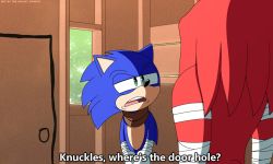 Rule 34 | 2boys, animal nose, bandaged arm, bandages, drake &amp; josh, english text, furry, furry male, galaxy cowboy, half-closed eyes, highres, knuckles the echidna, male focus, md5 mismatch, meme, multiple boys, parody, resolution mismatch, scarf, sonic (series), sonic boom (series), sonic the hedgehog, source larger, subtitled, where&#039;s the door hole? (meme)