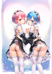 Rule 34 | 10s, 2girls, absurdres, artist name, ass, assisted exposure, black ribbon, blue eyes, blue hair, blush, breasts, butt crack, character name, chushengdao, clothes lift, detached sleeves, frilled sleeves, frills, hair ornament, hair over one eye, hairpiece, heart, heart panties, heart print, highres, holding hands, interlocked fingers, looking at viewer, maid, maid headdress, multiple girls, open mouth, panties, pink eyes, pink hair, pink ribbon, print panties, ram (re:zero), re:zero kara hajimeru isekai seikatsu, rem (re:zero), ribbon, ribbon-trimmed clothes, ribbon-trimmed thighhighs, ribbon trim, short hair, siblings, sisters, skirt, skirt lift, smile, thigh gap, thighhighs, twins, underbust, underwear, white legwear, white panties, x hair ornament