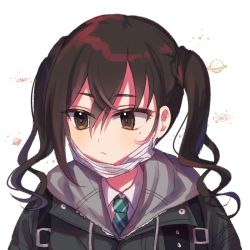 Rule 34 | 1girl, bad id, bad pixiv id, black jacket, blush, brown eyes, brown hair, collared shirt, commentary request, diagonal-striped neckwear, green neckwear, hair between eyes, idolmaster, idolmaster cinderella girls, jacket, long hair, looking away, looking to the side, mole, mole under eye, poyo (shwjdddms249), shirt, simple background, solo, striped neckwear, sunazuka akira, twintails, upper body, white background, white shirt