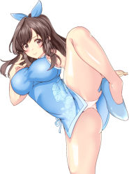 Rule 34 | 1girl, bare shoulders, blue dress, blue ribbon, blue shorts, blush, breasts, brown eyes, brown hair, china dress, chinese clothes, closed mouth, commentary request, dress, hair ribbon, high heels, highres, idolmaster, idolmaster shiny colors, large breasts, long hair, noizou (zatuo008), panties, ribbon, short dress, shorts, sideboob, sleeveless, sleeveless dress, smile, solo, standing, standing on one leg, tsukioka kogane, underwear, white panties