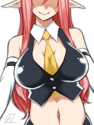 Rule 34 | 1girl, between breasts, breasts, cleavage, head out of frame, koakuma, large breasts, long hair, navel, necktie, necktie between breasts, pointy ears, red hair, simple background, smile, solo, tajima yuuki, touhou, white background, yellow necktie