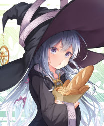 Rule 34 | 1girl, absurdres, bag, black coat, black hat, bow, bowtie, bread, coat, collared shirt, commentary, elaina (majo no tabitabi), food, grey hair, grocery bag, hair between eyes, hair bow, hat, highres, holding, holding bag, light blush, long hair, long sleeves, majo no tabitabi, paper bag, parted lips, pink bow, purple eyes, saio425, shade, shirt, shopping bag, solo, upper body, white shirt, witch, witch hat, yellow bow, yellow bowtie