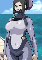 Rule 34 | 1girl, :d, android, black eyes, black hair, blush, bodysuit, breasts, clenched hands, cloud, covered navel, curvy, day, diving suit, glasses, hat, holon, large breasts, lipstick, looking at viewer, lowres, makeup, matagitii, ocean, oekaki, open mouth, outdoors, pier, real drive, semi-rimless eyewear, short hair, sidelocks, sky, smile, solo, standing, under-rim eyewear, upper body, water, wetsuit