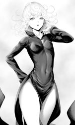 Rule 34 | 1girl, breasts, covered navel, curly hair, dress, flipped hair, greyscale, long sleeves, looking at viewer, monochrome, nipples, one-punch man, open mouth, short hair, side slit, small breasts, solo, tatsumaki, thighs, zucchini