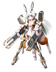 Rule 34 | 1girl, animal ears, bail, bare shoulders, beam rifle, boots, breasts, cleavage, clothing cutout, collarbone, covered navel, dual wielding, elbow gloves, energy gun, fake animal ears, full body, gloves, gun, headset, highres, holding, leg armor, leotard, long hair, mecha musume, original, red eyes, robot ears, side cutout, simple background, solo, thighhighs, weapon, white background, white hair