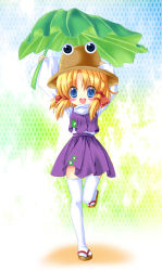 Rule 34 | 1girl, :d, bad id, bad pixiv id, blonde hair, blue eyes, blush stickers, child, female focus, full body, gradient background, hand on headwear, happy, hat, leaf umbrella, legs, moriya suwako, open mouth, ratise, sandals, short hair, smile, solo, standing, standing on one leg, thighhighs, touhou, white thighhighs, zettai ryouiki