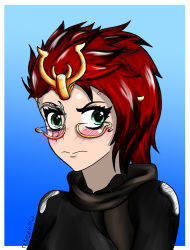 Rule 34 | 1girl, angry, blush, cpt.tester works, embarrassed, glasses, green eyes, highres, hood, hoodie, jewelry, looking at viewer, operator (warframe), portrait, red hair, shy, simple background, solo, spiked hair, warframe