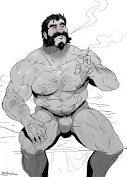 Rule 34 | 1boy, :o, abs, arm hair, bara, blush, bulge, chest hair, cigarette, facial hair, feet out of frame, graves (league of legends), greyscale, jockstrap, large pectorals, league of legends, male focus, male underwear, mature male, monochrome, muscular, muscular male, mustache, navel, navel hair, nipples, old, old man, on bed, pectorals, rybiok, short hair, sitting, smoking, solo, spot color, stomach, thick thighs, thighs, underwear, underwear only, wrinkled skin