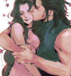 Rule 34 | 1boy, 1girl, aerith gainsborough, bare shoulders, breasts, closed eyes, couple, crisis core final fantasy vii, cross scar, dress, earrings, facial scar, final fantasy, final fantasy vii, hetero, highres, hug, jewelry, kissing cheek, medium breasts, parted bangs, pink dress, scar, scar on cheek, scar on face, sidelocks, sleeveless, sleeveless dress, sleeveless turtleneck, smile, square enix, star (symbol), stud earrings, sweater, turtleneck, turtleneck sweater, upper body, ymr18, zack fair