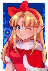 Rule 34 | 1girl, artist name, blonde hair, blue eyes, bow, breasts, christmas, closed mouth, dress, elf, gloves, hair bow, hand up, highres, index finger raised, long hair, looking at viewer, nintendo, nonoworks, one eye closed, pointing, pointy ears, princess zelda, ribbon, santa dress, santa gloves, sidelocks, smile, solo, standing, super smash bros., the legend of zelda, the legend of zelda: a link between worlds, the legend of zelda: a link to the past, triforce, triforce earrings, upper body