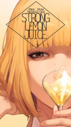 Rule 34 | 10s, 1girl, blunt bangs, brown eyes, character name, close-up, cup, drink, drinking glass, glass, gradient background, highres, looking at viewer, midorikawa hana, prison school, short hair, solo, vocky, wine glass