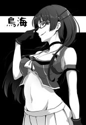 Rule 34 | 10s, 1girl, adjusting eyewear, armband, bare shoulders, black background, breasts, character name, choker, choukai (kancolle), choukai kai ni (kancolle), cleavage, commentary request, crop top, ebiblue, from side, gesugao, glasses, gloves, greyscale, grin, groin, hair ornament, hand on own face, index finger raised, kantai collection, long hair, looking at viewer, midriff, monochrome, navel, pleated skirt, skirt, sleeveless, smile, solo, standing, translation request